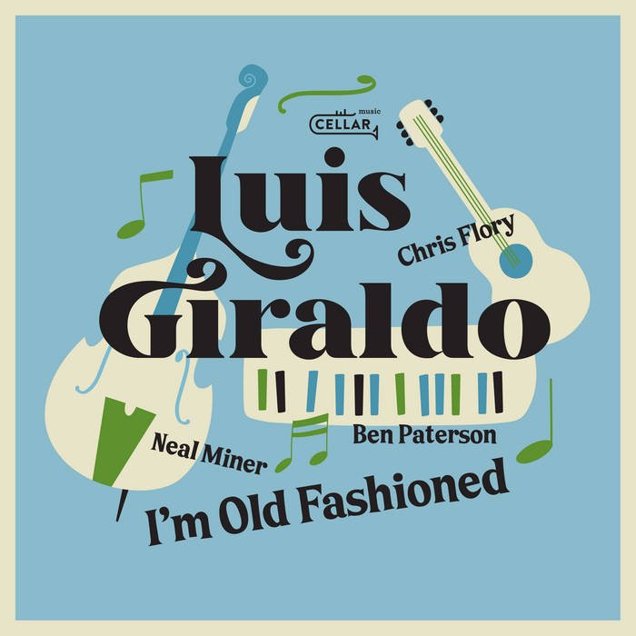 Album cover for I'm Old Fashioned, featuring illustrated instruments on a blue background
